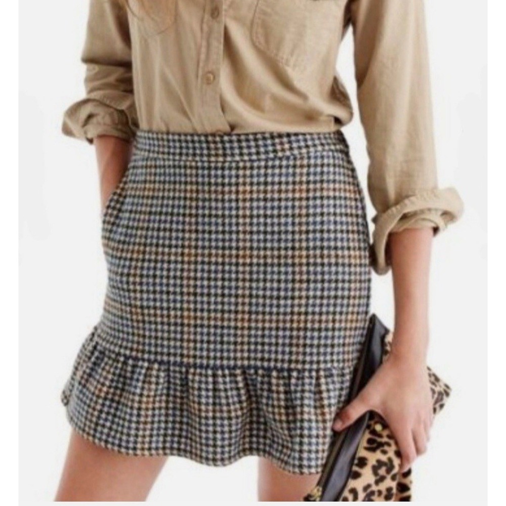 J. Crew Plaid Houndstooth Ruffle Hem Mini Skirt Size 4